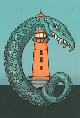 A Krakens Arm Curling Around A Lighthouse, Flat Design, Teal... — Stable Diffusion AI Prompt: a kraken's arm curling around a lighthouse, flat design, teal and orange grade,...