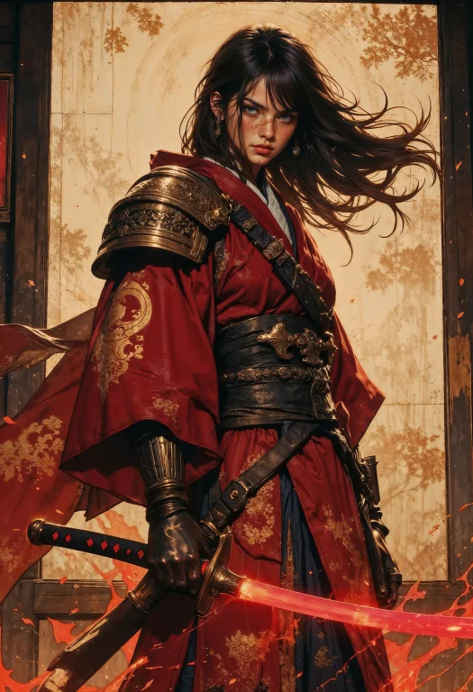 Samurai Girl Wearing A Kimono With Shoulder Armor, Shes Hold...
