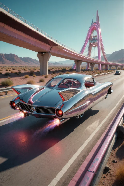 Retrofuturismbymrjohn, A Sleek Chrome Flying Car With Exagge...