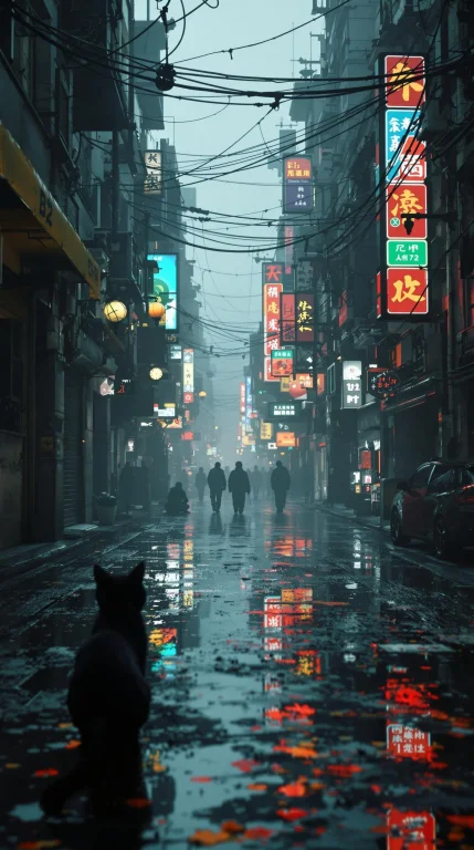 Stray Black Cat Running Away In The Streets Of Liam Wong Kow...