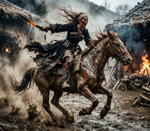 Lorakrea2 - Concept - Kuban Cossacks Krea21 Kubancossack,a H... — Stable Diffusion AI Prompt: KUBAN_COSSACK,A hyper-dynamic,slapstick nightmare: a zombie-crusader-head-burst...