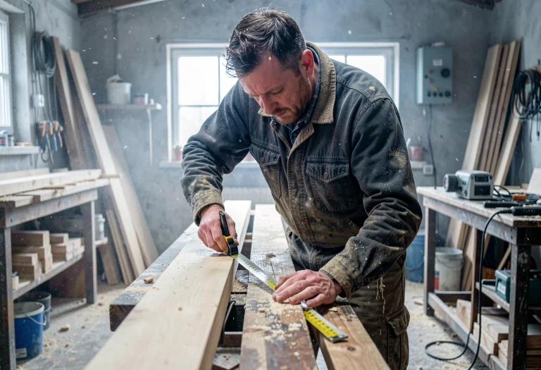 A Carpenter Measuring Timber In A Dusty Workshop, Candid Pho...