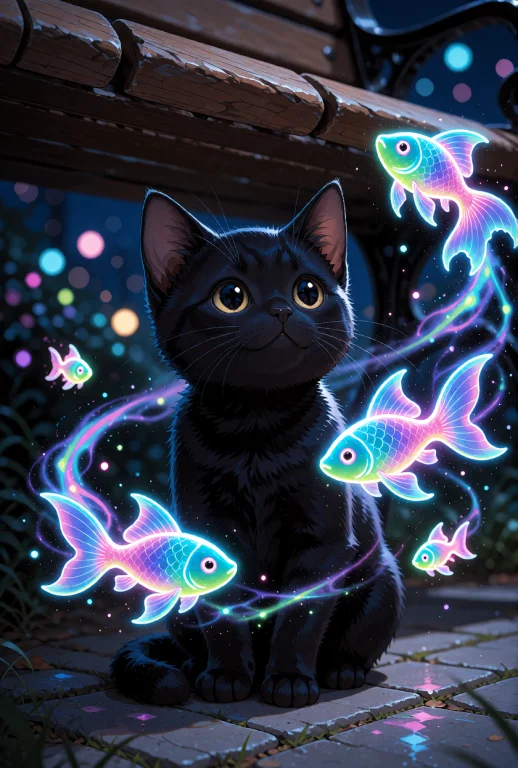 A Small Black Kitten With Short, Velvet-like Fur, Large Spar...