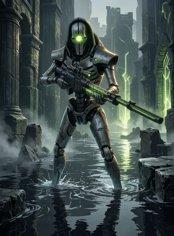 A Single Necrondeathmark Stands Waist-deep In Shallow Reflec...