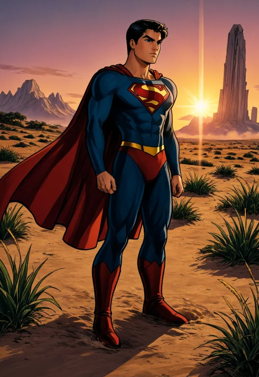 Superman Landing In A Cornfield At Dusk, Dust Swirling Aroun...