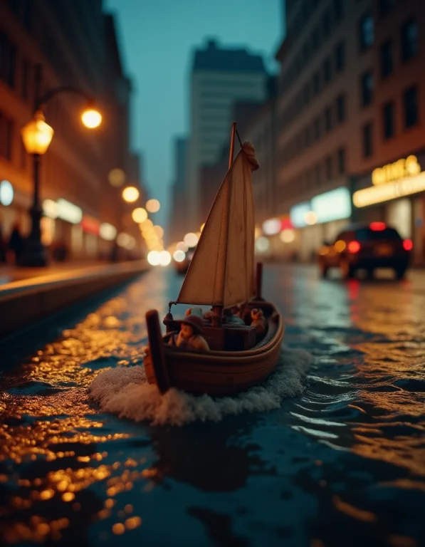 Woodfigurez, A Small Wooden Boat In Sour Water, During Heavy...