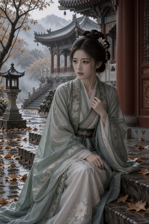 雨后灰暗的宫苑石栏旁，一名年轻中国女子坐在台阶边，身体侧向左...