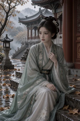 雨后灰暗的宫苑石栏旁，一名年轻中国女子坐在台阶边，身体侧向左... — Stable Diffusion AI Prompt: 雨后灰暗的宫苑石栏旁，一名年轻中国女子坐在台阶边，身体侧向左方，右手在胸前握住衣...