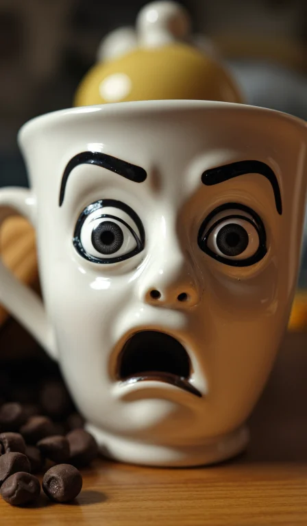 Closeup Photo Of A Ceramic Coffee Cup With An Interesting Fa...