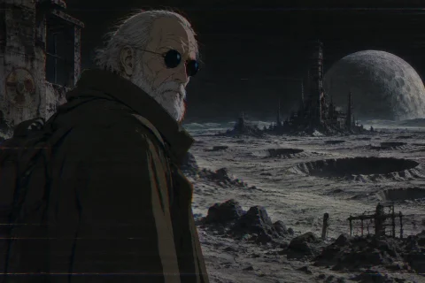 Old Man With Black Roundish Shades And White Beard, Standing... — Stable Diffusion AI Prompt: Old man with black roundish shades and white beard, standing on desolate "Stalke...