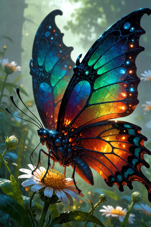 , A Butterfly With Dragon Wings Made Of Stained Glass And Em...