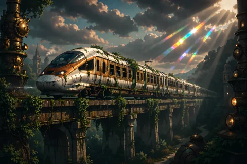 Malebolgia, Chijoku, Gamjani, Shadows, Prism Light. An Aband... — FLUX AI Prompt: malebolgia, chijoku, @gamjani, shadows, prism light. *An abandoned high-speed tr...