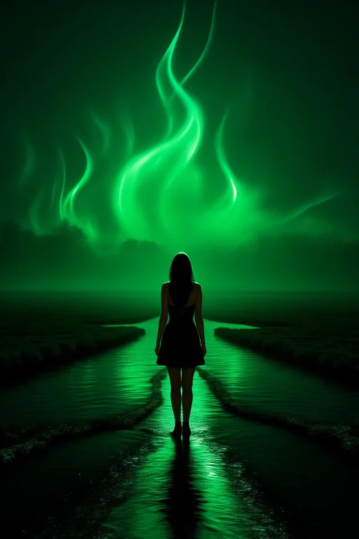 Beautiful Woman In A Foggy Wetlands Expanse At Night, Where...