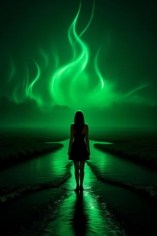 Beautiful Woman In A Foggy Wetlands Expanse At Night, Where... — Stable Diffusion AI Prompt: beautiful woman in A foggy Wetlands expanse at night, where the green glow of wi...