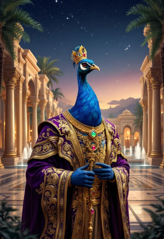A Serene Digital Shot Of An Anthropomorphic Peacock Embodyin...