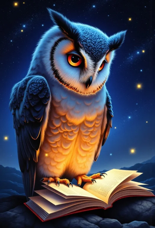 A Giant, Magical Owl Reading A Glowing Book Under A Starry S...