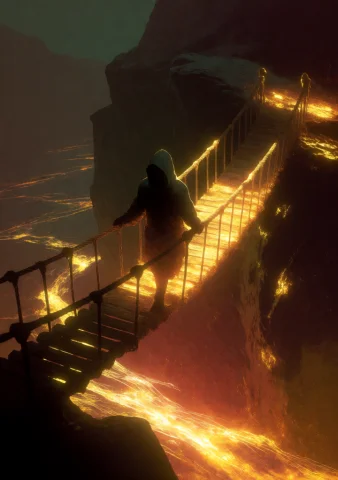 A Hooded Traveller Crossing A Rope Bridge Over A Chasm, A Ri... — Stable Diffusion AI Prompt: A hooded traveller crossing a rope bridge over a chasm, a river of lava glowing...