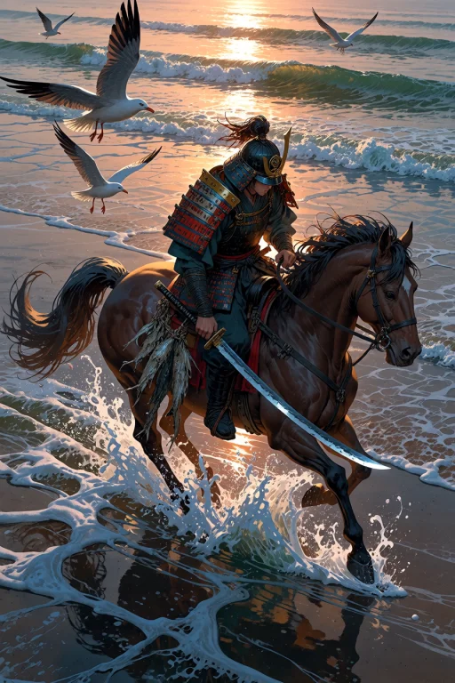 , Samurai Riding A Horse Through A Shallow Coastal Tide Wave...