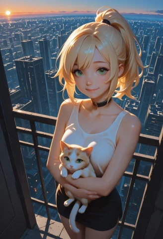 Masterpiece, Best Quality, Beautiful View Over A City. Elle,... — Stable Diffusion AI Prompt: masterpiece, best quality, beautiful view over a city. Elle, a cute girl with a...