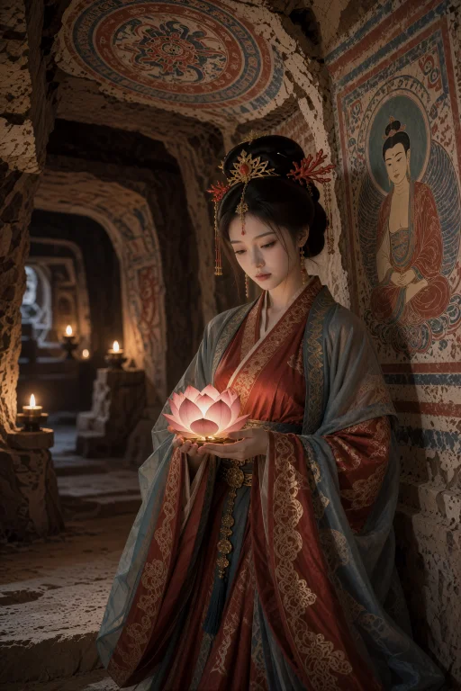 , A Red Brocade Cross-collar Robe With Gold Floral Motifs, A...