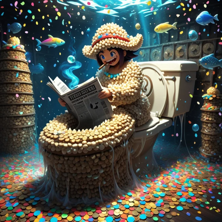 1girl, Clown, Riding A Toilet Bowl, Reading A Newspaper, Smo...