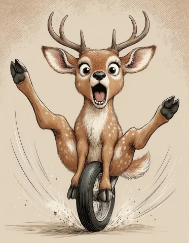 Funnycrushcomic, Elegant Deer Awkwardly Balancing On A Tiny... — Stable Diffusion AI Prompt: funnycrushcomic, elegant deer awkwardly balancing on a tiny monowheel, legs stre...
