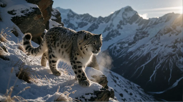 A Snow Leopard Walking Along A Narrow Rocky Ridge High In Th...