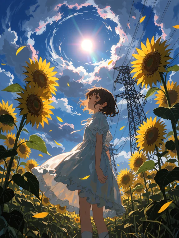 A Low-angle View From Within A Sunflower Field Shows A Girl...