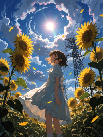 Sunflower Girl with Flares — Stable Diffusion AI Prompt: A low-angle view from within a sunflower field shows a girl in a pale blue dress...