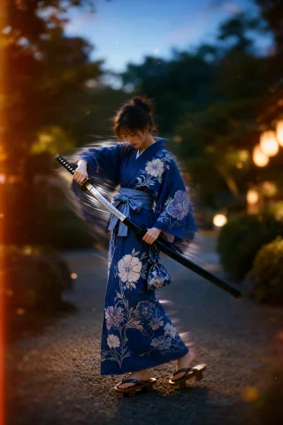 Soft Focus Katana Photo — Stable Diffusion AI Prompt: . A soft focus photograph shows one woman in a dynamic pose, pulling a katana fr...
