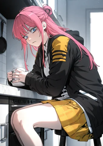 1girl, Solo, Holding A Coffee Mug, Sitting On A Kitchen Stoo... — Stable Diffusion AI Prompt: "1girl, solo, holding a coffee mug, sitting on a kitchen stool, casual lean forw...
