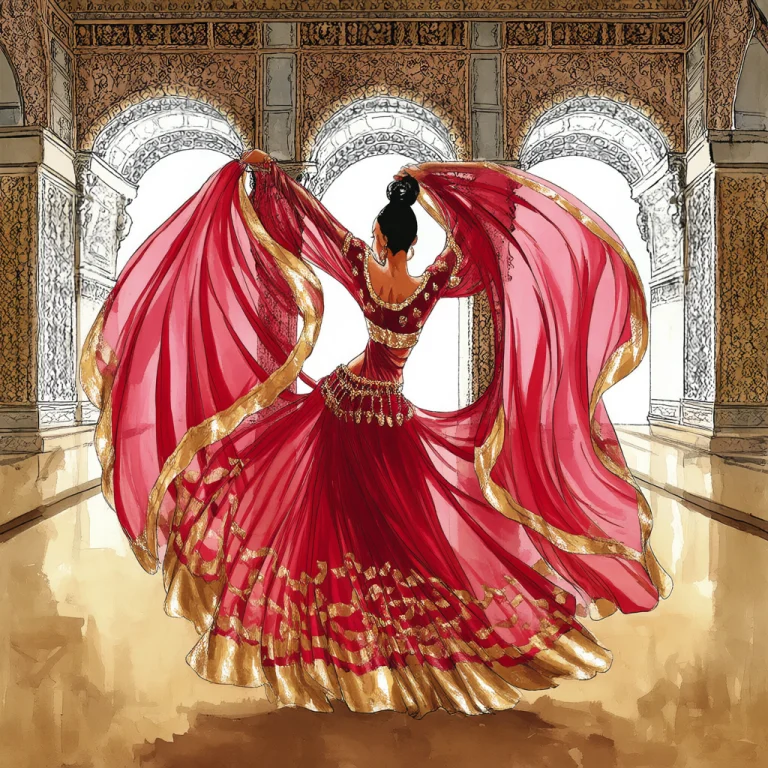 4n4m1r4ll3s, A Dancer In Layered Silk Veils Of Crimson And G...