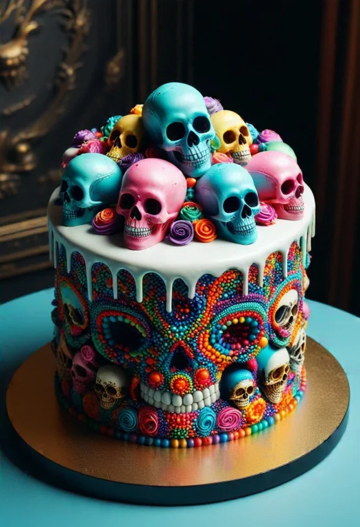 Medium Full Shot Of A Cake Made Of Colorful Skulls, A Sophis...