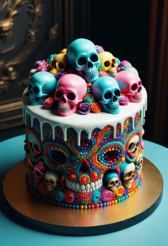 Medium Full Shot Of A Cake Made Of Colorful Skulls, A Sophis... — SDXL AI Prompt: (medium full shot) of a cake made of colorful skulls, a sophisticated private cl...