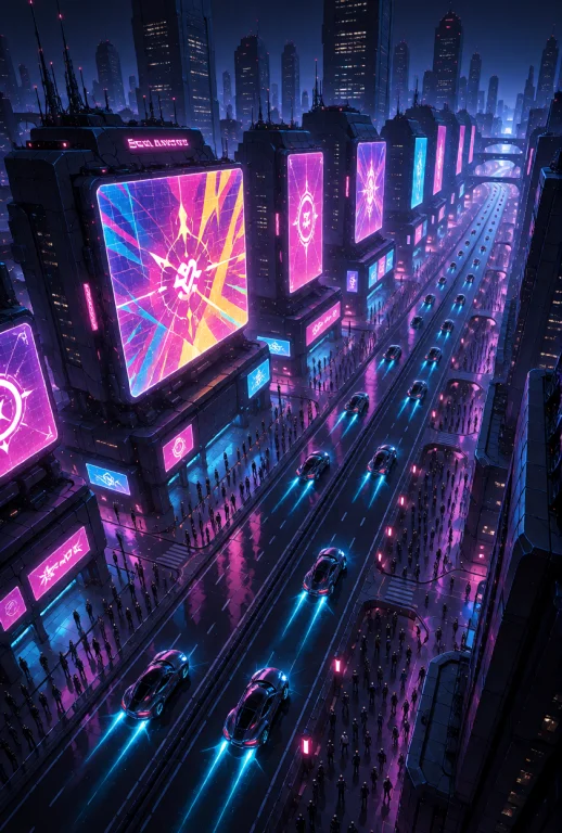 A Futuristic Cyberpunk Megacity Vista Seen From A High-angle...