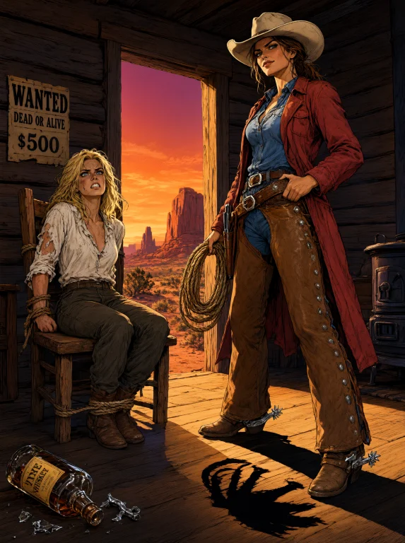 A Dramatic Wild West Scene Unfolds Inside A Rustic Wooden Ca...