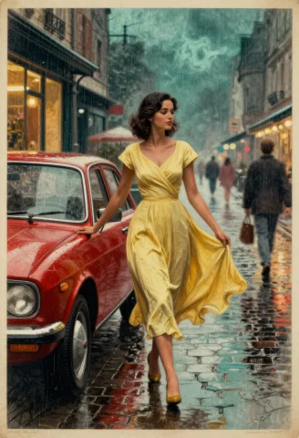 Vintage Mid-century European Storybook Illustration, Rain-so... — Stable Diffusion AI Prompt: Vintage mid-century European storybook illustration, rain-soaked evening bouleva...