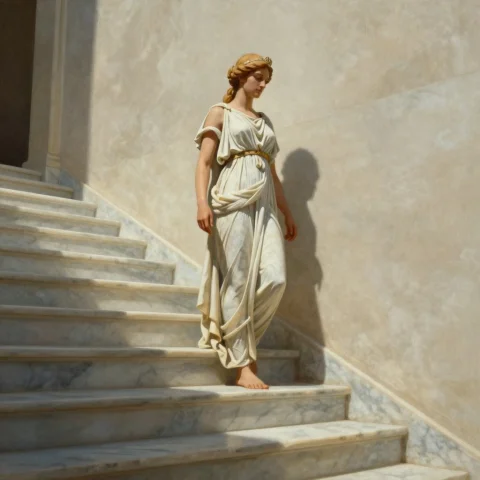 A Greek Goddess Descending A Marble Stair, Alla Prima, Cinem... — Stable Diffusion AI Prompt: a Greek goddess descending a marble stair, alla prima, cinematic lighting, minim...
