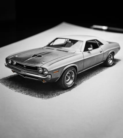 Closeup Photography Of An Ink Sketch Of An American 1960s Mu... — FLUX AI Prompt: closeup photography of an ink sketch of an American 1960s muscle car. on constru...