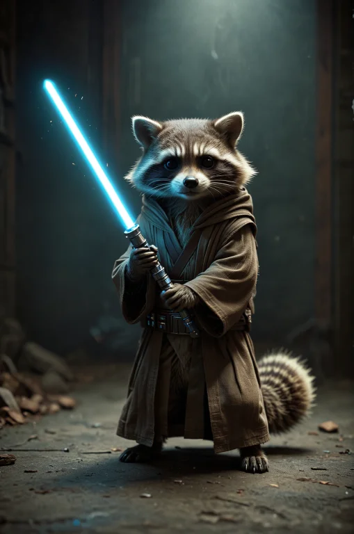 Racoon Jedi With Blue Lightsaber,faded Film, ,desaturated, 3...