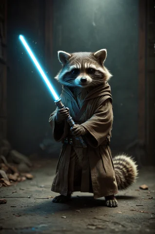 Racoon Jedi With Blue Lightsaber,faded Film, ,desaturated, 3... — SDXL AI Prompt: racoon jedi with blue lightsaber,faded film, ,desaturated, 35mm photo, grainy, v...