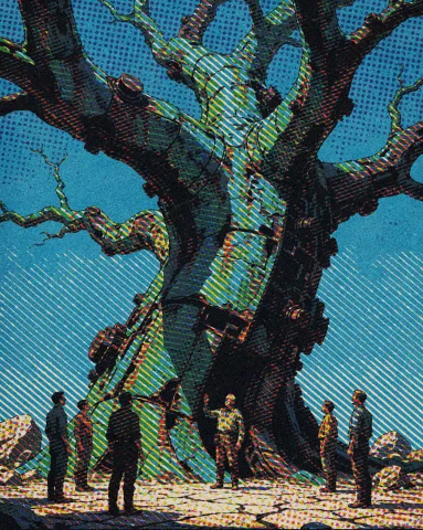 An Enormous Tree Of Corroded Green Metal And Oxidized Copper... — Stable Diffusion AI Prompt: An enormous tree of corroded green metal and oxidized copper rises from cracked...