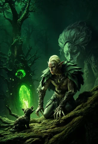 Beneath The Gnarled Canopy Of A Blighted Forest, A Pallid Dr... — FLUX AI Prompt: Beneath the gnarled canopy of a blighted forest, a pallid druid in fungus-laden...