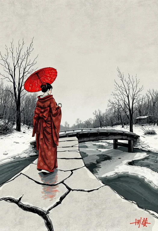 A Geisha Standing Alone On A Cracked Wooden Bridge Over A Pa...