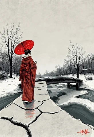 A Geisha Standing Alone On A Cracked Wooden Bridge Over A Pa... — FLUX AI Prompt: A geisha standing alone on a cracked wooden bridge over a partially frozen river...