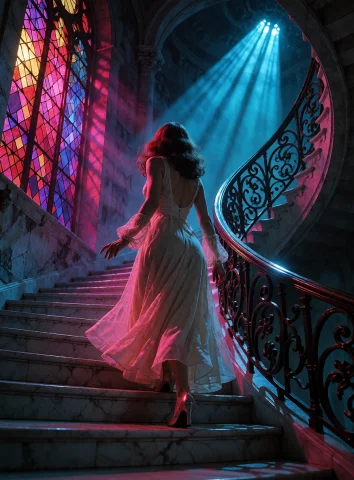 Lorakreagiallostyle0.6suspiriastyle, Elegant Woman Descendin... — Stable Diffusion AI Prompt: suspiria_style, elegant woman descending a grand staircase inside a gothic dance...
