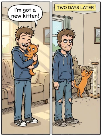 Draw Me A Comic Picture Of A Happy Man Saying Im Got A New K... — Stable Diffusion AI Prompt: Draw me a comic picture of a happy man saying "I'm got a new kitten" He's smilin...