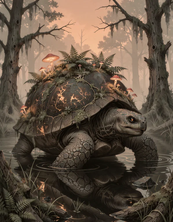 A Mysterious Godlike Tortoise Creature Emerging Slowly From...