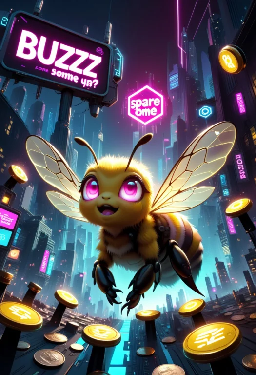 Cyberpunk-style Bee, Big Glowing Eyes, Looking Up Hopefully,...