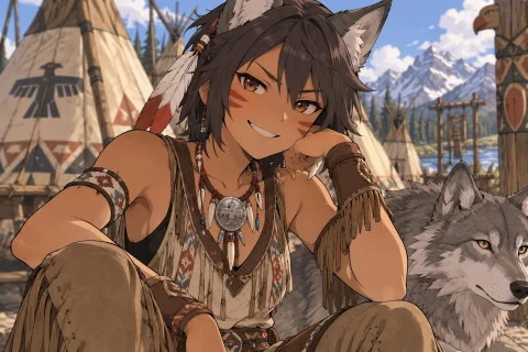 Manga Native American Tomboy Prompt — Stable Diffusion AI Prompt: manga style Native American Tomboy, short hair, smirk, wolf ears, colors
